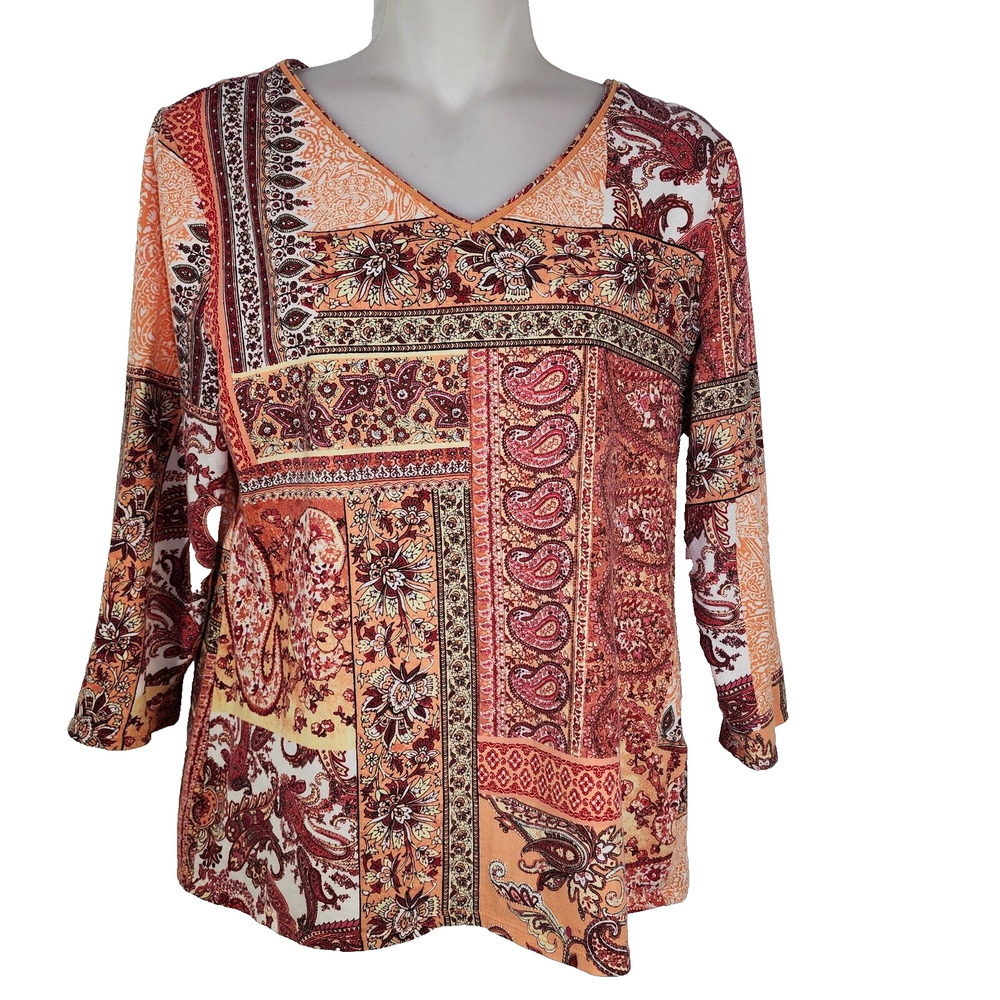 Chicos Top Womens Size 0 Small Paisley Floral V Neck Stretchy Peach Maze Boho